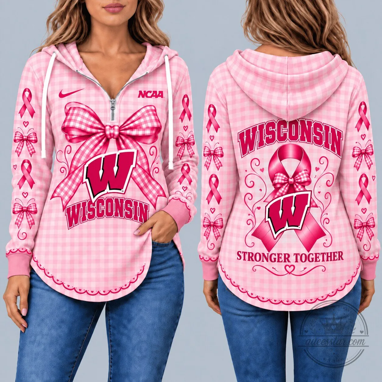 Wisconsin Badgers Breast Cancer Awareness Pink Gingham Ribbon Hoodie