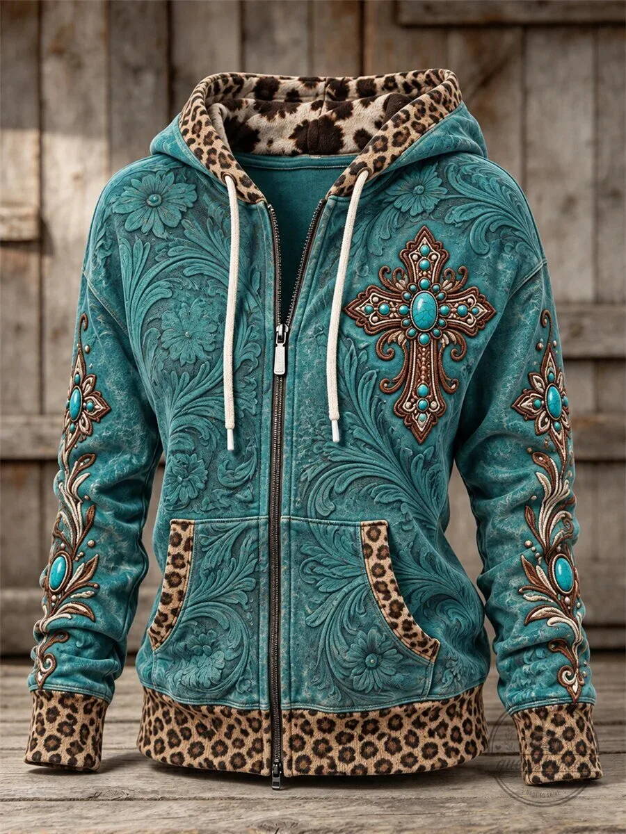 Vintage Western Turquoise Cross Embossed Leopard Print Full Zip Hoodie