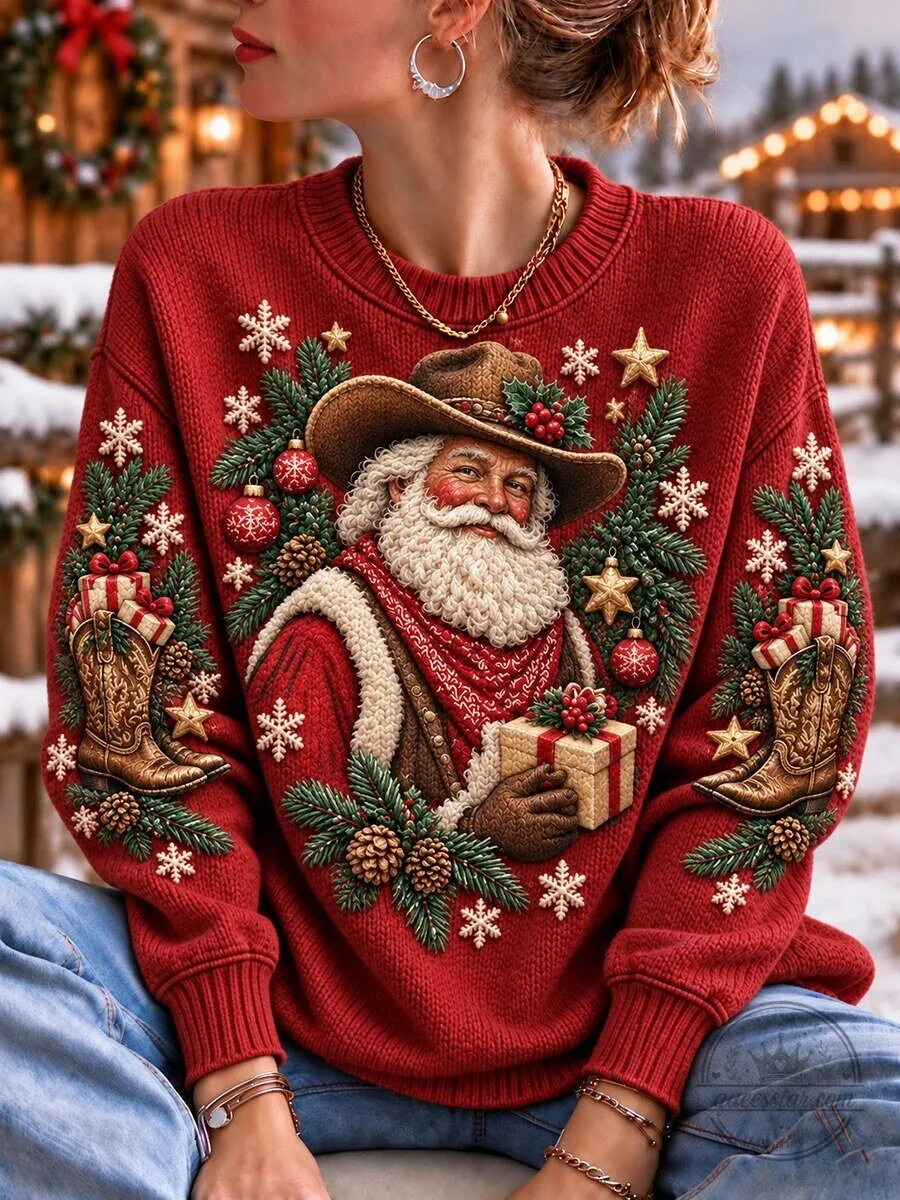Western Cowboy Santa Claus Christmas Holiday Knit Style Sweatshirt