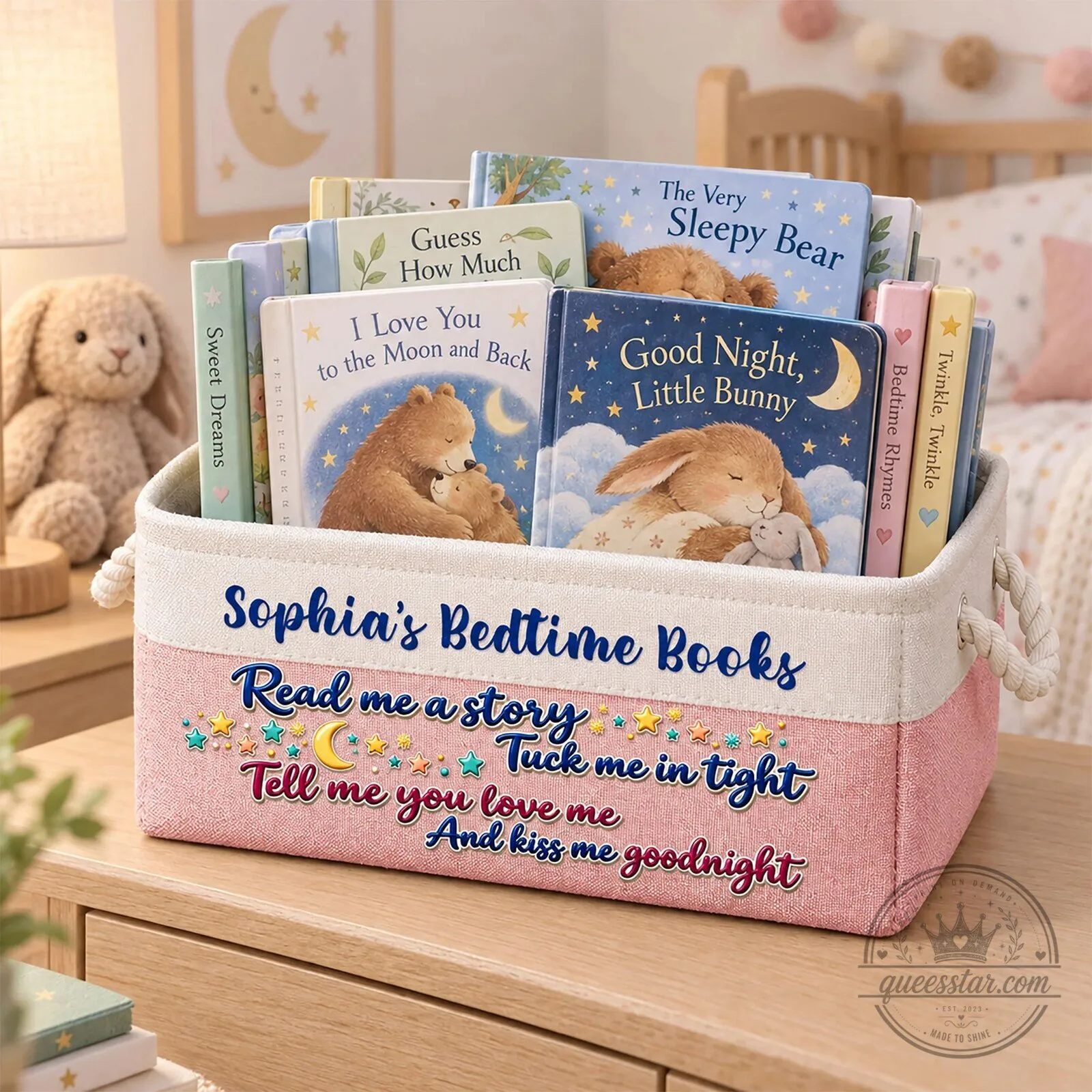 Personalized Bedtime Books Storage Basket for Kids Nursery Decor