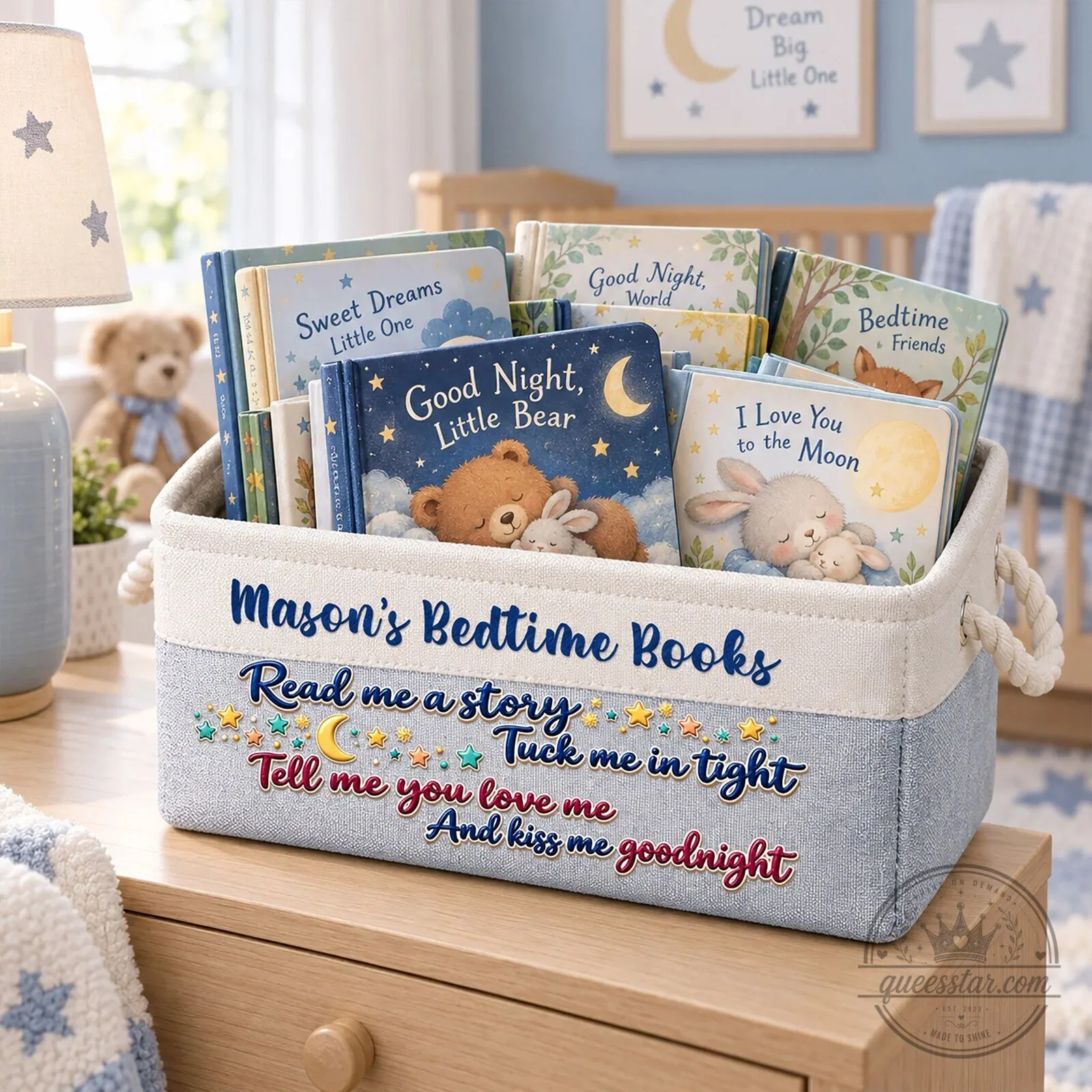 Personalized Bedtime Books Storage Basket for Kids Nursery Decor 6 Personalized Bedtime Books Storage Basket for Kids Nursery Decor