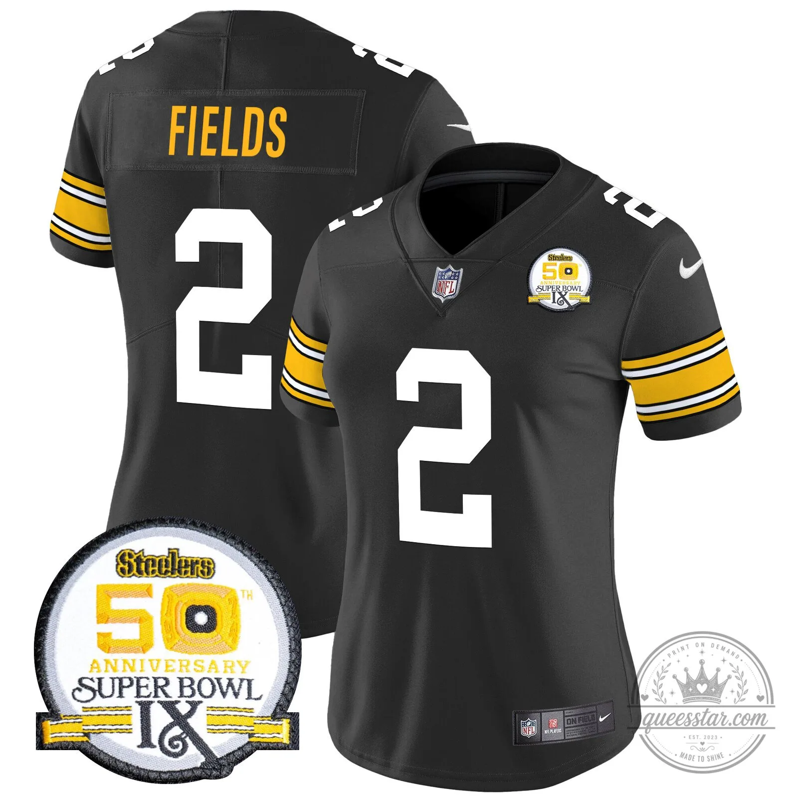 Pittsburgh Steelers Justin Fields Super Bowl IX 50th Anniversary Black Jersey