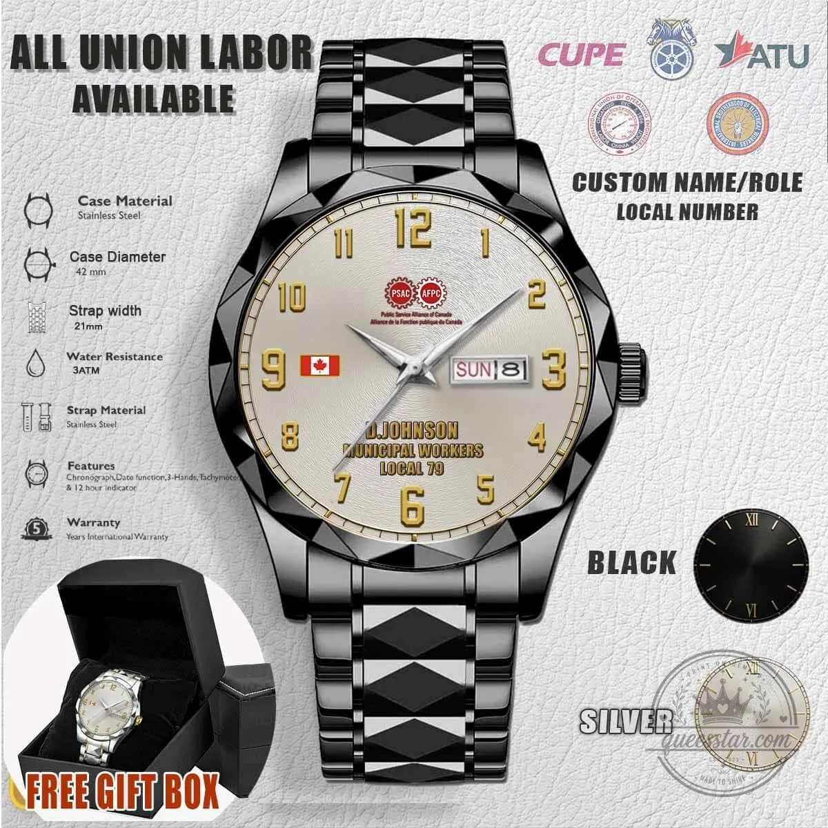 PSAC Union Labor Canada Stainless Steel Watch 4 PSAC Union Labor Canada Stainless Steel Watch