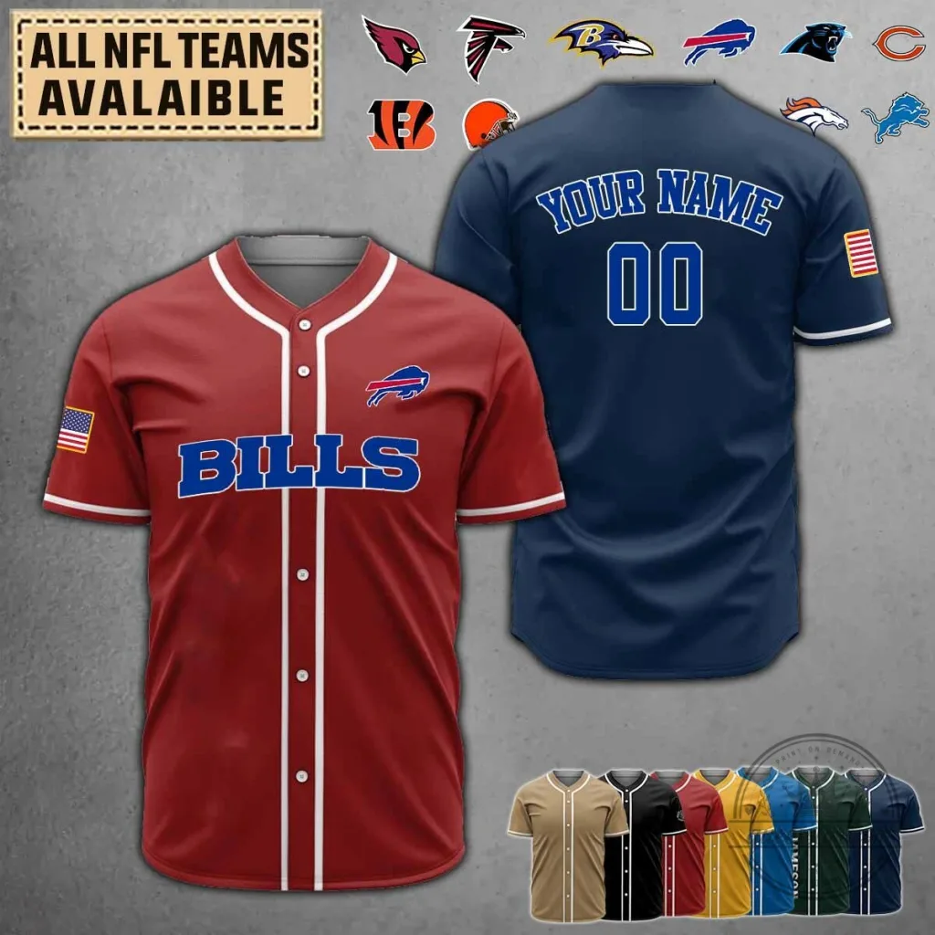 Buffalo Bills Custom Name and Number Football Team Baseball Jersey Buffalo Bills Custom Name and Number Football Team Baseball Jersey