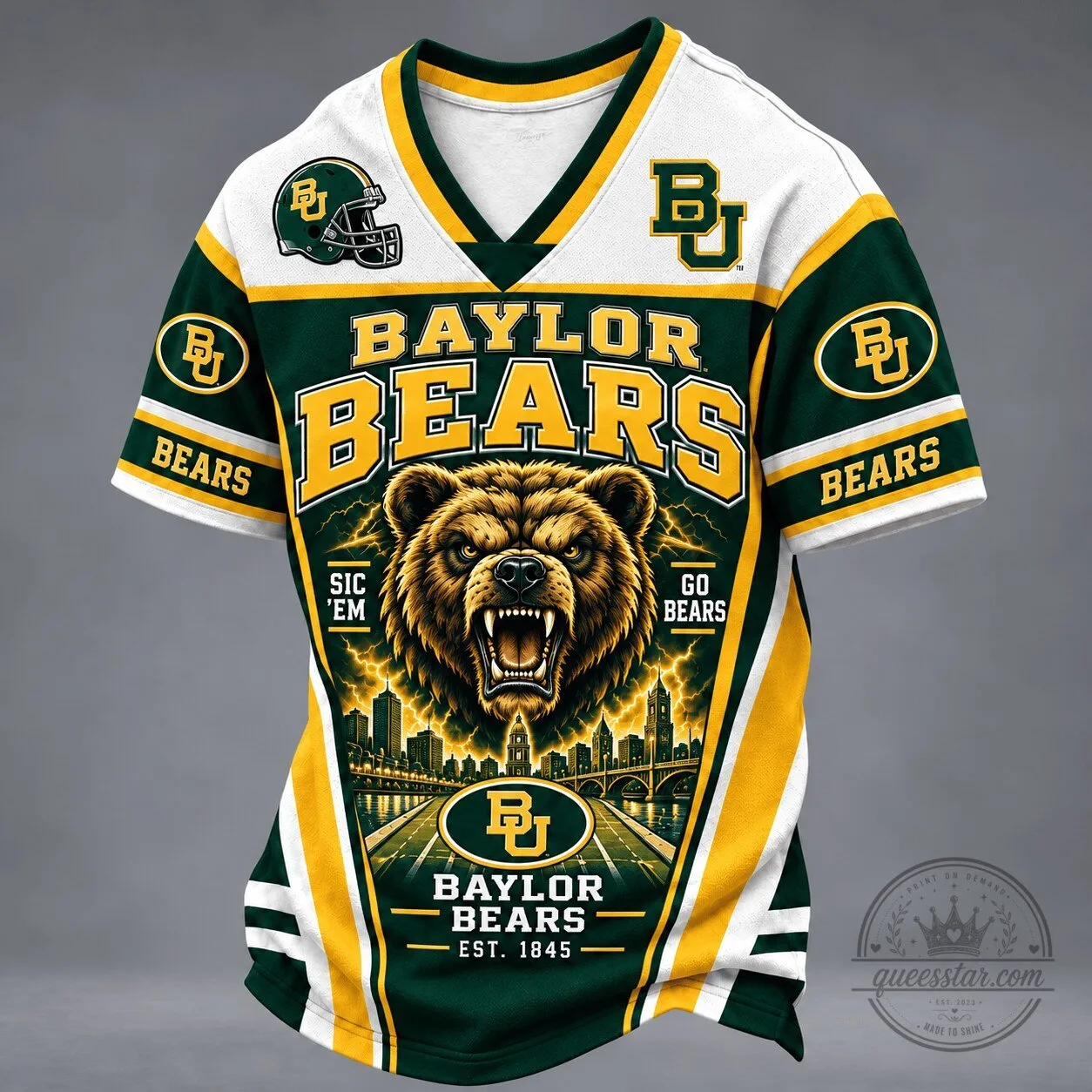 Baylor Bears Football Team Mascot Spirit V-Neck Jersey