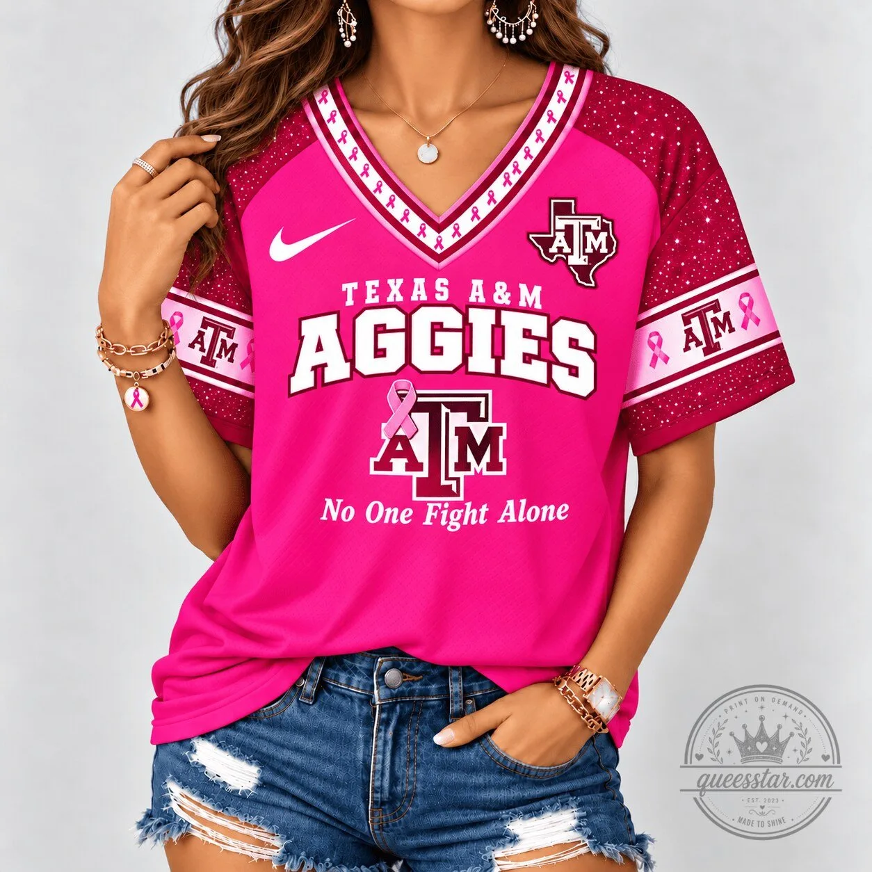 Texas A&M Aggies Breast Cancer Awareness Pink V-Neck Shirt