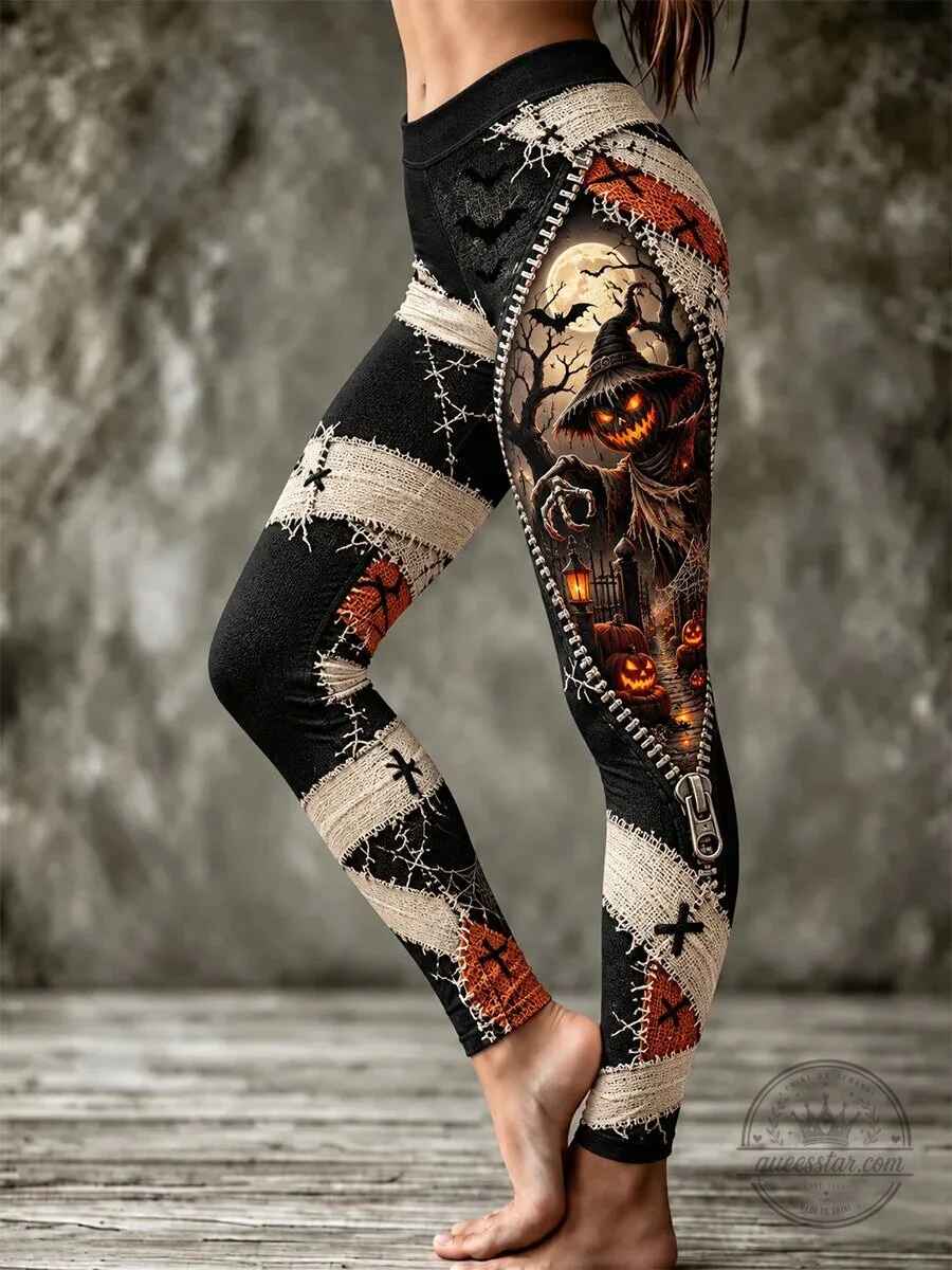 Spooky Scarecrow Halloween Night Zipper Design Women's Leggings