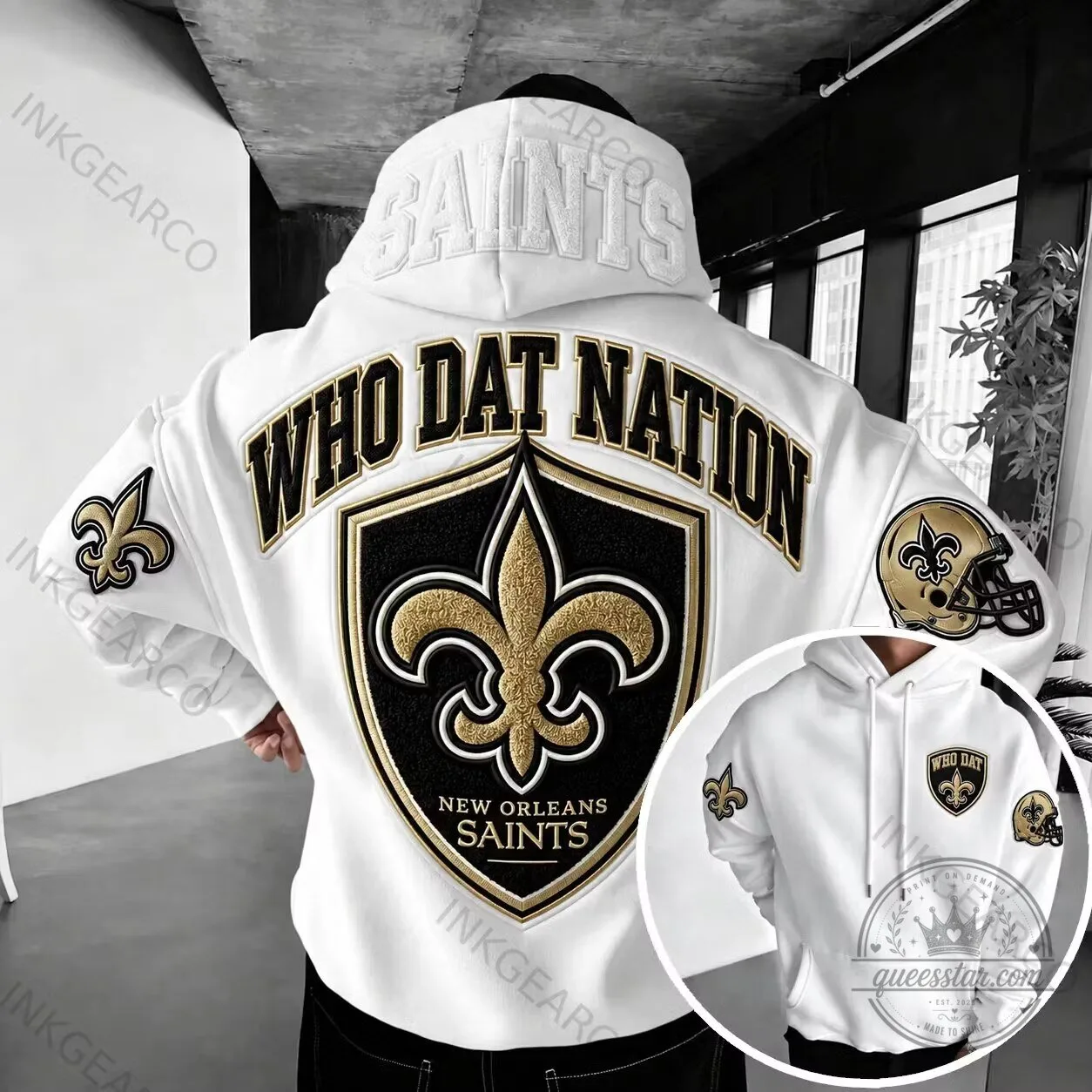 New Orleans Saints Who Dat Nation Football Team Embroidered White Hoodie