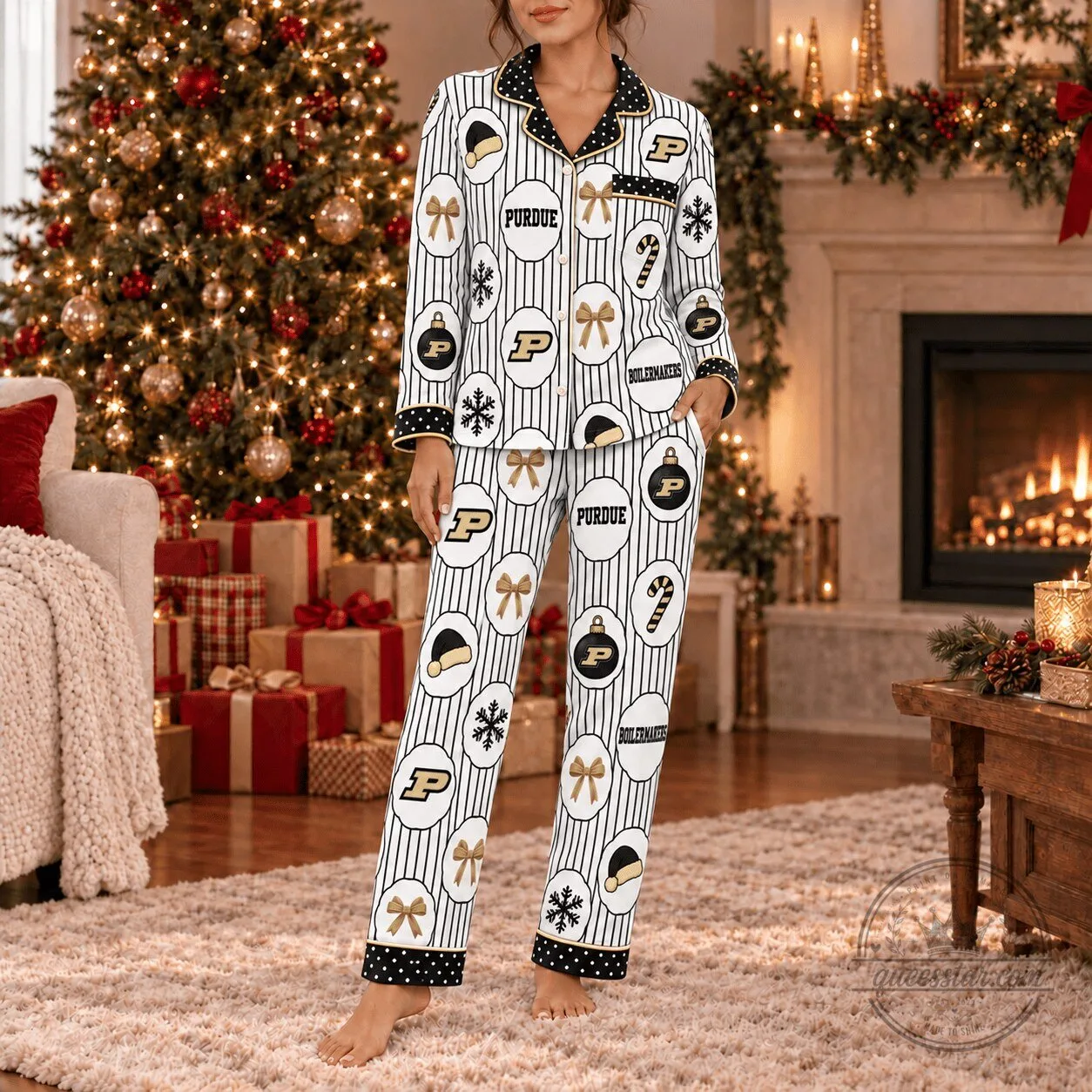 Purdue Boilermakers Christmas Holiday Button Up Long Sleeve Pajamas Set