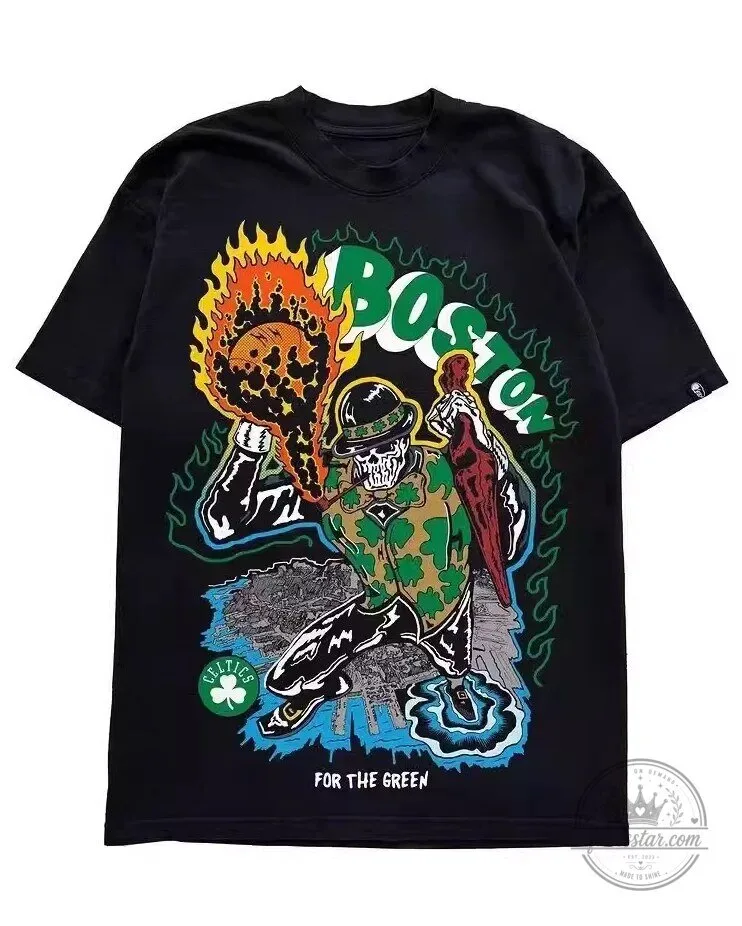 Boston Celtics Flaming Skull Graphic Print Black Cotton T-Shirt
