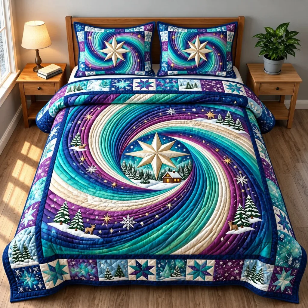 Northern Lights Christmas Winter Wonderland Quilted Bedding Set Northern Lights Christmas Winter Wonderland Quilted Bedding Set