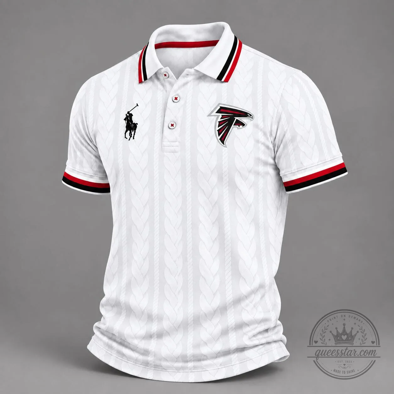 Atlanta Falcons NFL Football Team White Polo Shirt with Black and Red Stripes