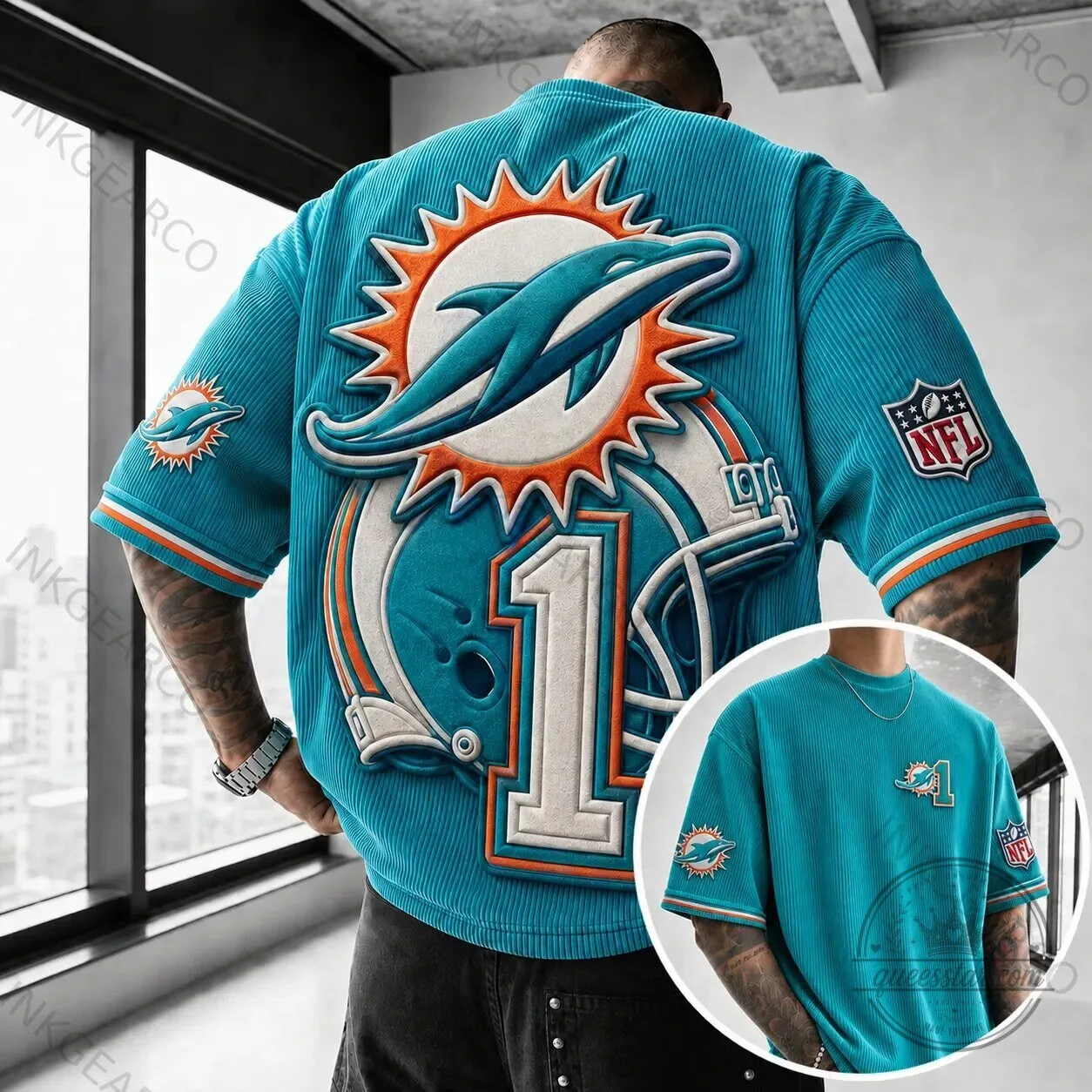 Embroidered Short Sleeve T-Shirt Featuring Miami Dolphins NFL Team Logo