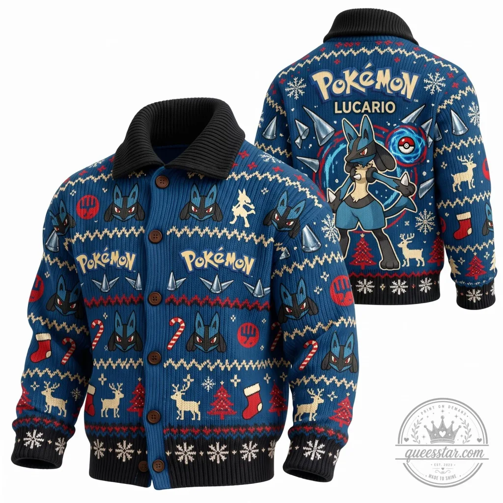 Lucario Ugly Sweater Cardigan for Holiday and Christmas from Pokemon Lucario Ugly Sweater Cardigan for Holiday and Christmas from Pokemon