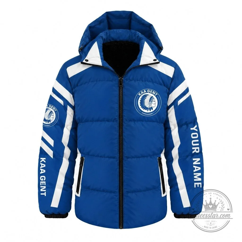 KAA Gent Belgian Pro League Football Club Blue Puffer Jacket Custom Name