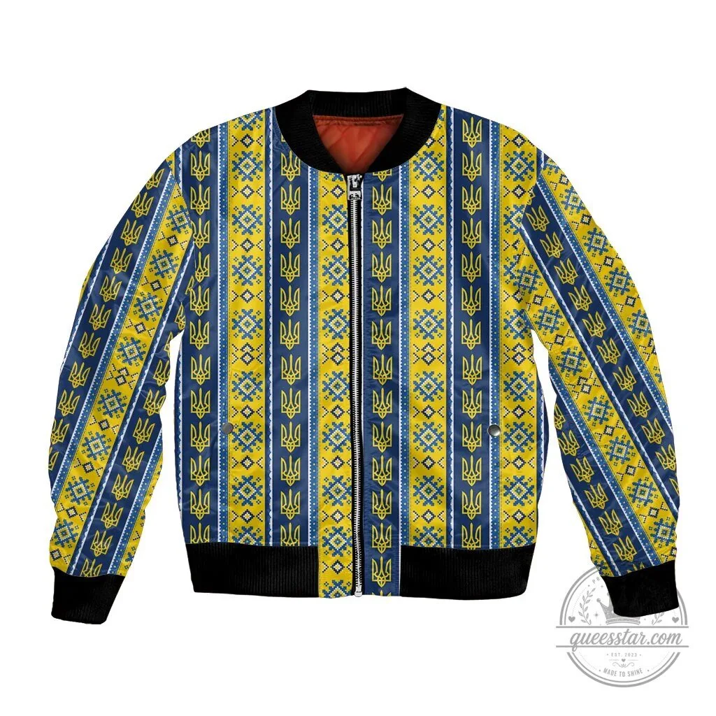 Ukrainian Trident Pattern Blue and Yellow Bomber Jacket