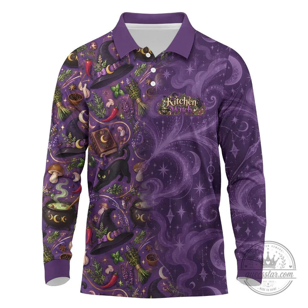 Kitchen Witch Mystical Magic Herb Cauldron Black Cat Long Sleeve Polo Shirt