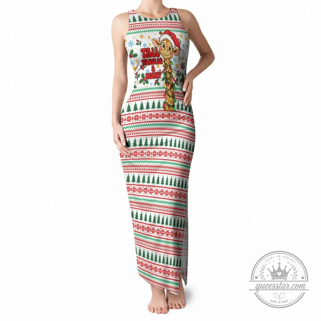 Christmas Giraffe Tall Tangled and Merry Ugly Sweater Pattern Maxi Dress