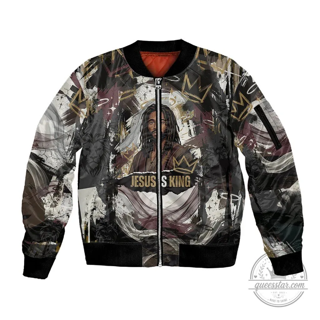 Christian Bomber Jacket - Lion of Judah Theme with Jesus Is King Message 4 Christian Bomber Jacket - Lion of Judah Theme with Jesus Is King Message