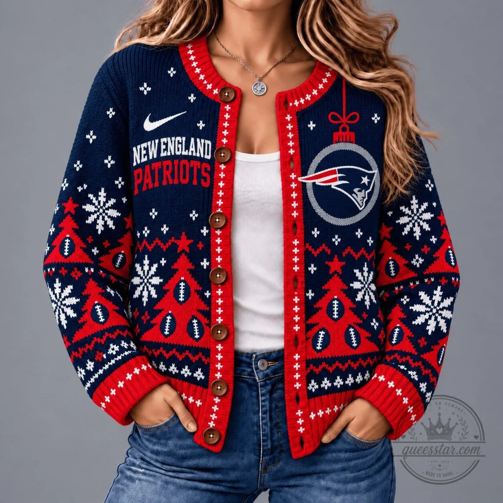 New England Patriots NFL Game Day Winter Wonderland Snowflake Cardigan Sweater New England Patriots NFL Game Day Winter Wonderland Snowflake Cardigan Sweater