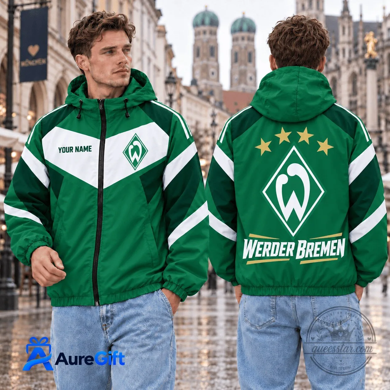 Werder Bremen Bundesliga Personalized Name Green and White Windbreaker Jacket