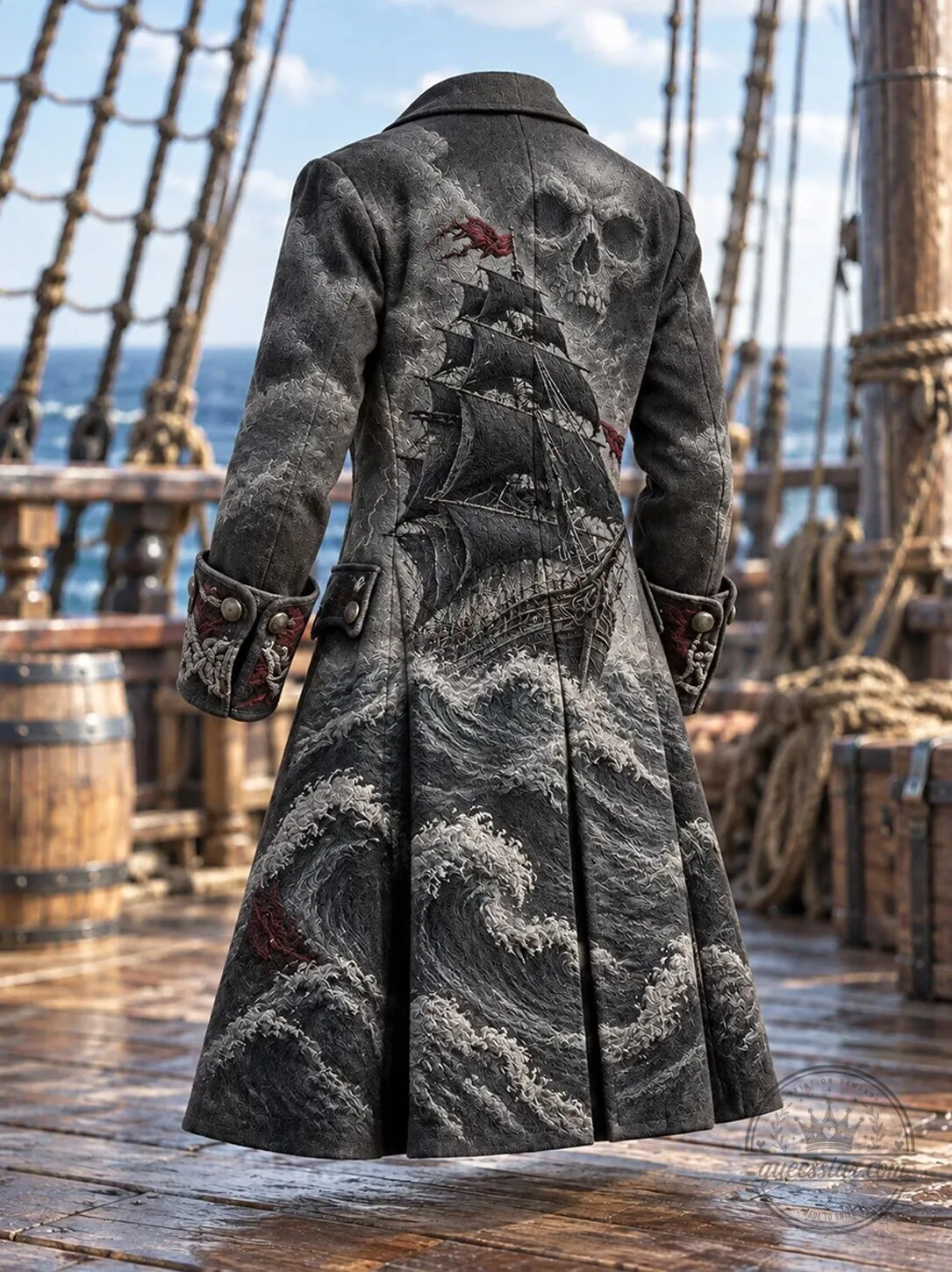 Pirate Ship and Skull Design Long Coat for Men, Gothic Steampunk Pirate Costume Jacket 1 Pirate Ship and Skull Design Long Coat for Men, Gothic Steampunk Pirate Costume Jacket