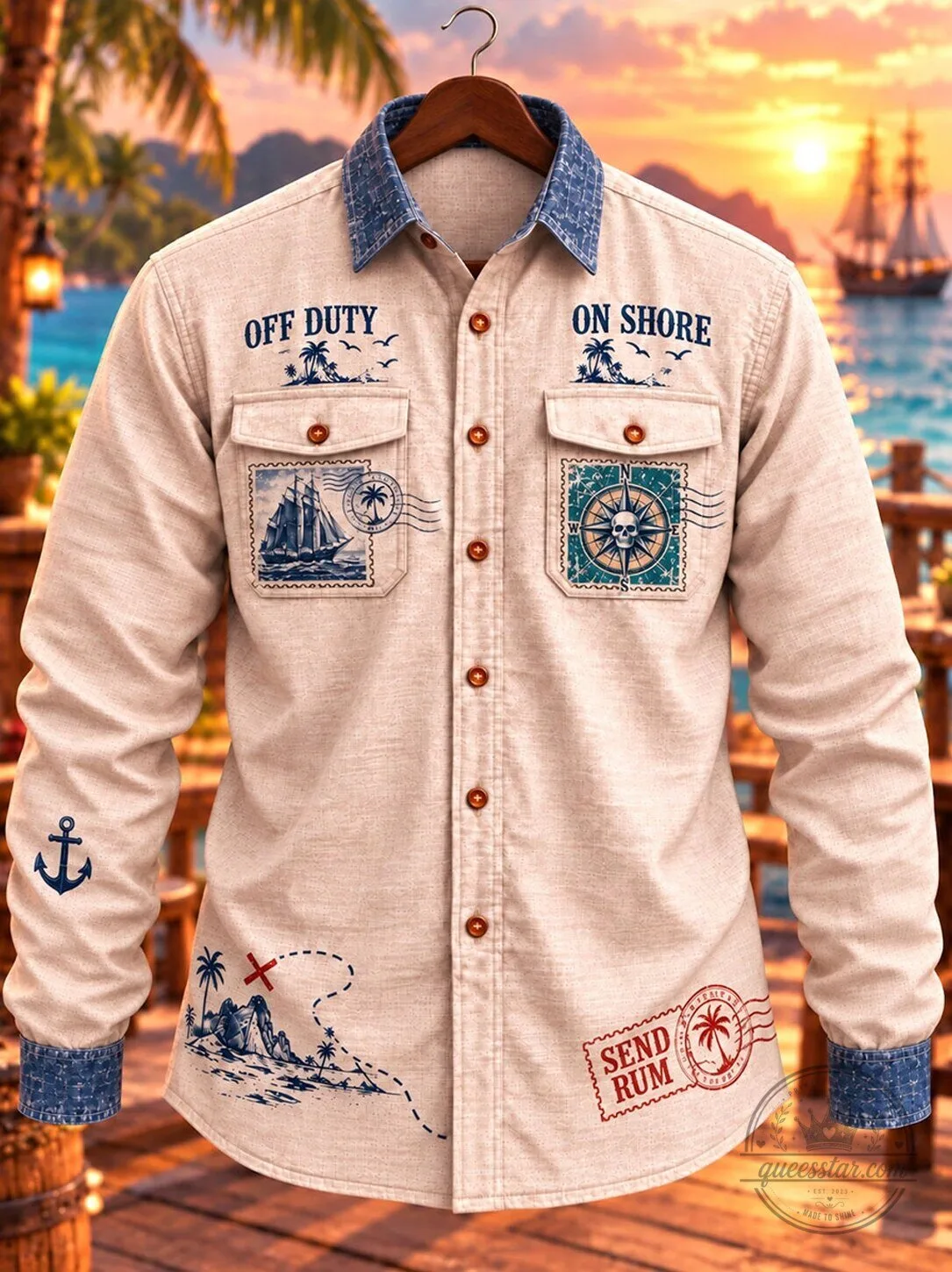 Off Duty On Shore Pirate Ship Compass Treasure Map Long-Sleeve Button Shirt