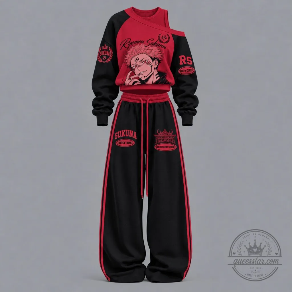 Ryomen Sukuna Jujutsu Kaisen Off-Shoulder Sweatshirt and Pants Set Ryomen Sukuna Jujutsu Kaisen Off-Shoulder Sweatshirt and Pants Set