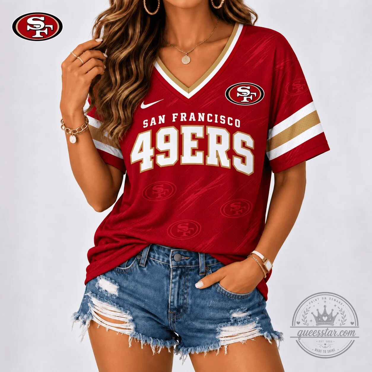 San Francisco 49ers Football Team Spirit V-Neck Shirt for Women
