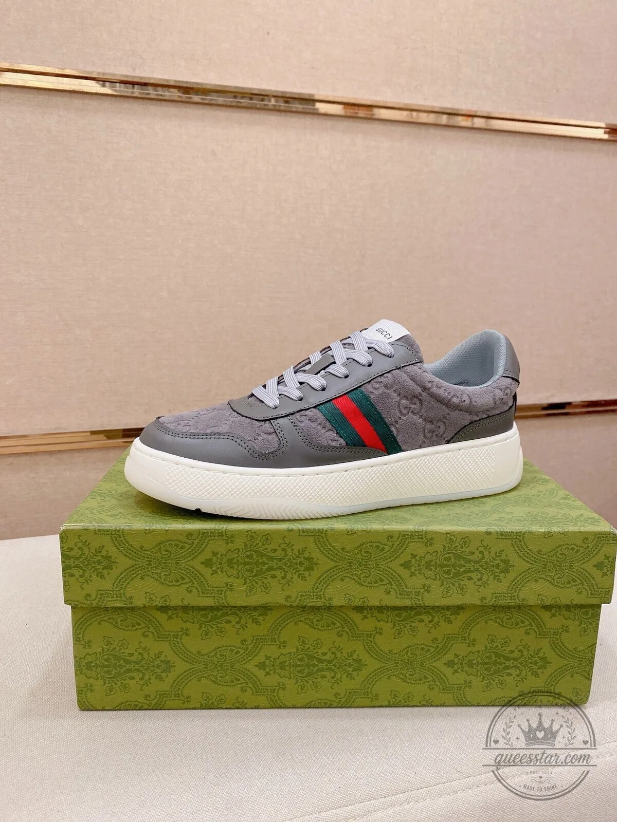 Gucci Gray Suede Low-Top Sneakers with Red and Green Stripe Detail 5 Gucci Gray Suede Low-Top Sneakers with Red and Green Stripe Detail