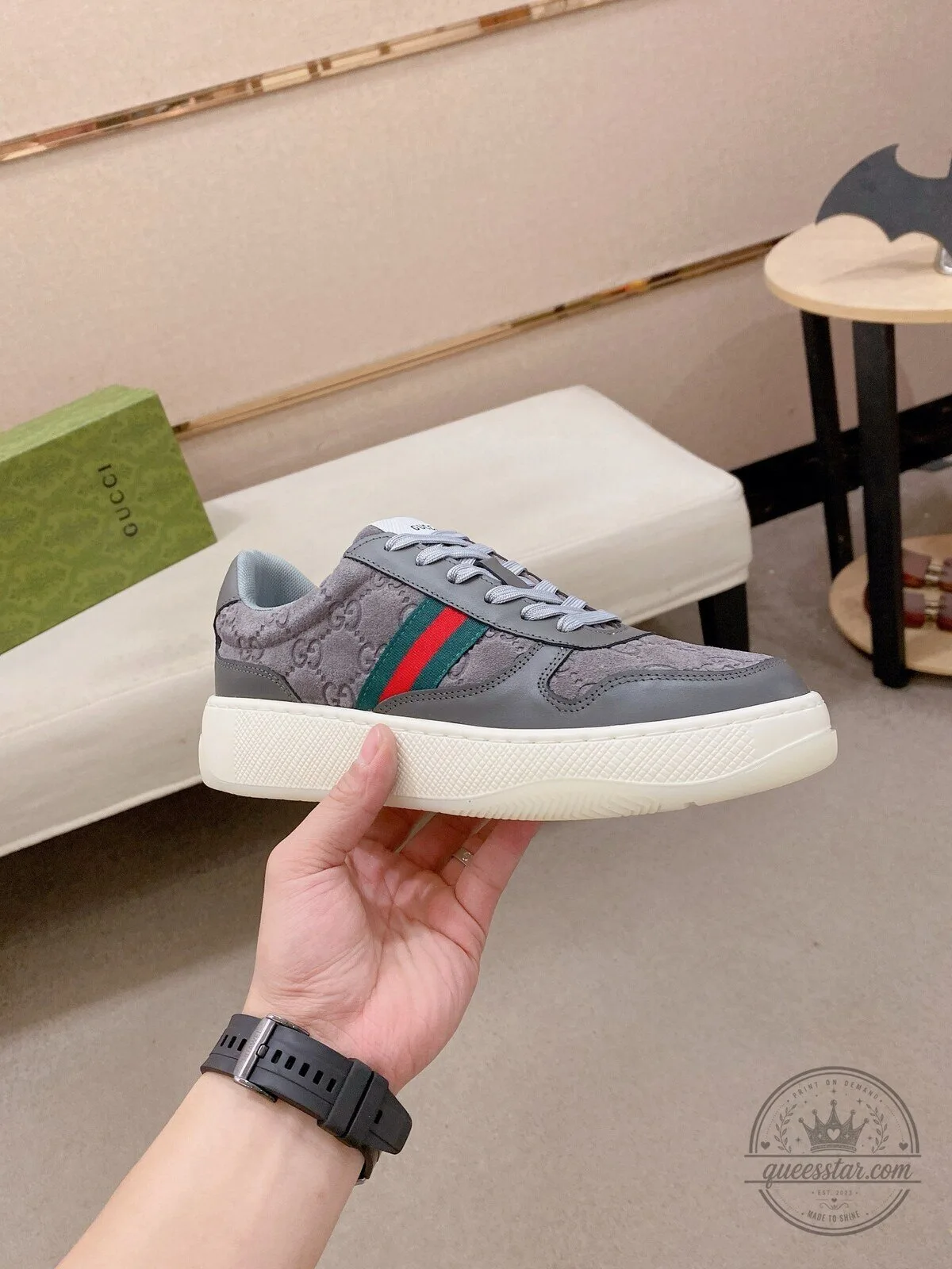 Gucci Gray Suede Low-Top Sneakers with Red and Green Stripe Detail 6 Gucci Gray Suede Low-Top Sneakers with Red and Green Stripe Detail