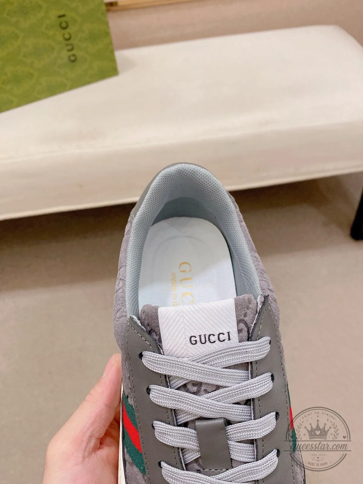 Gucci Gray Suede Low-Top Sneakers with Red and Green Stripe Detail 7 Gucci Gray Suede Low-Top Sneakers with Red and Green Stripe Detail
