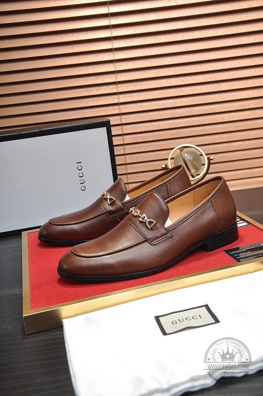 Gucci Brown Leather Loafers with Gold Horsebit Detail for Men