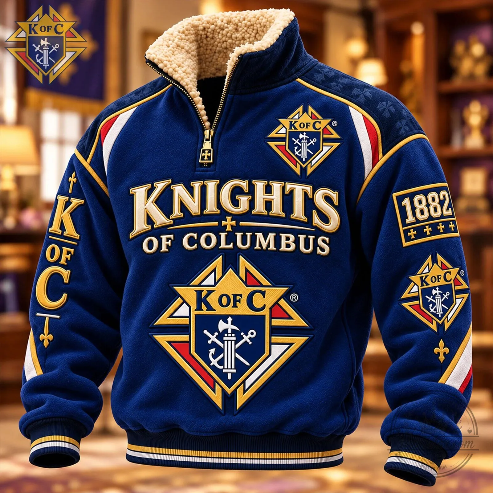 Sherpa Collar Pullover Sweatshirt with Knights of Columbus 1882 Emblem 4 Sherpa Collar Pullover Sweatshirt with Knights of Columbus 1882 Emblem