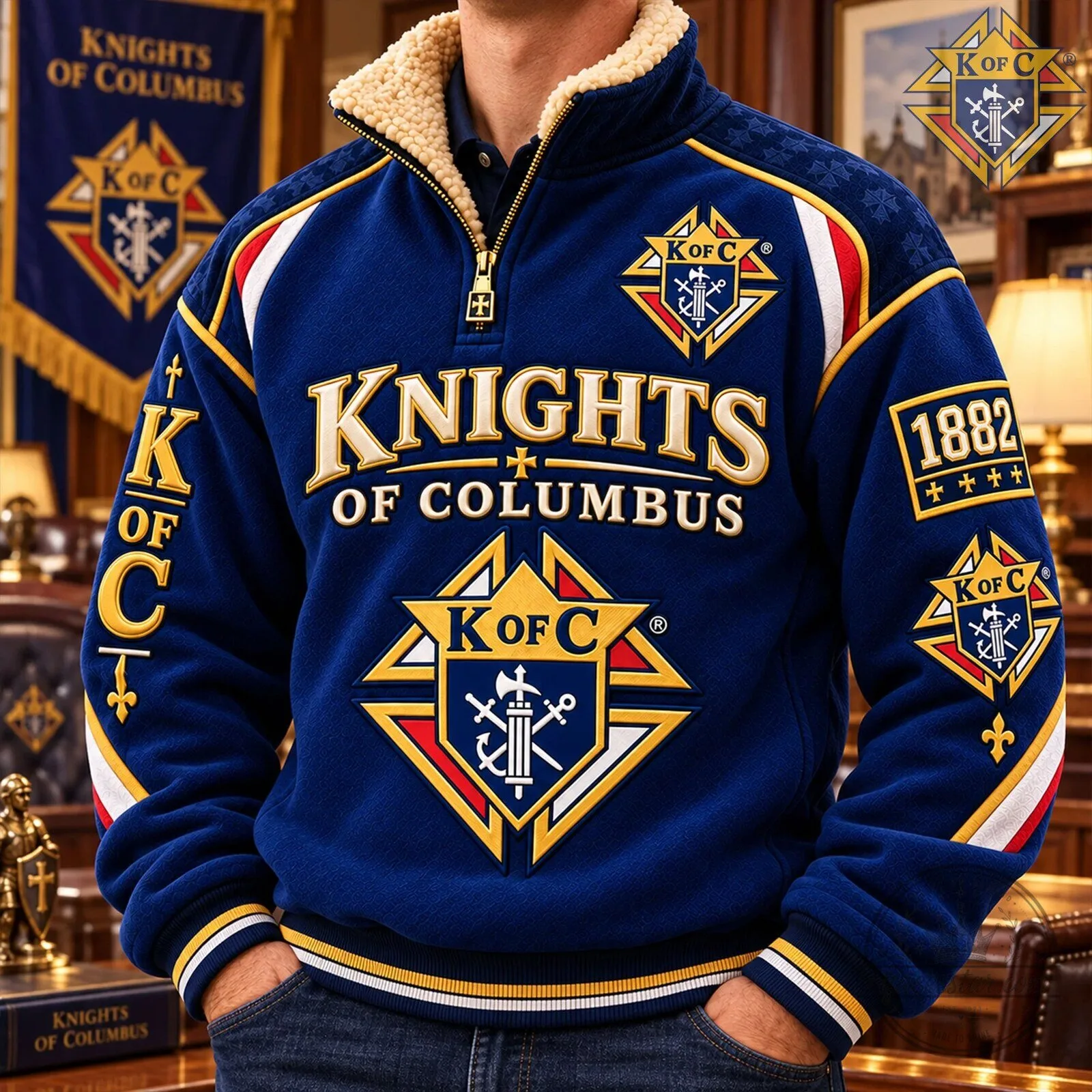 Sherpa Collar Pullover Sweatshirt with Knights of Columbus 1882 Emblem 5 Sherpa Collar Pullover Sweatshirt with Knights of Columbus 1882 Emblem