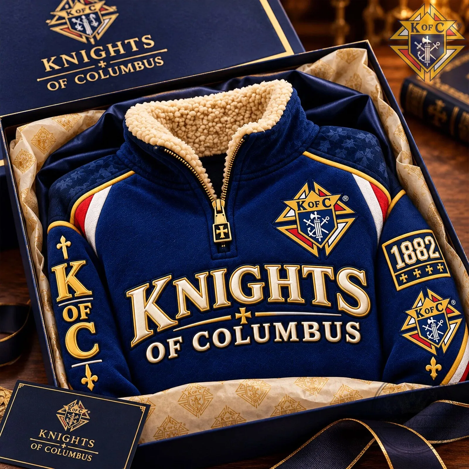 Sherpa Collar Pullover Sweatshirt with Knights of Columbus 1882 Emblem 6 Sherpa Collar Pullover Sweatshirt with Knights of Columbus 1882 Emblem