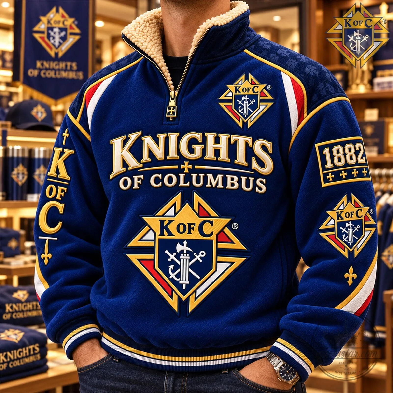 Sherpa Collar Pullover Sweatshirt with Knights of Columbus 1882 Emblem 7 Sherpa Collar Pullover Sweatshirt with Knights of Columbus 1882 Emblem