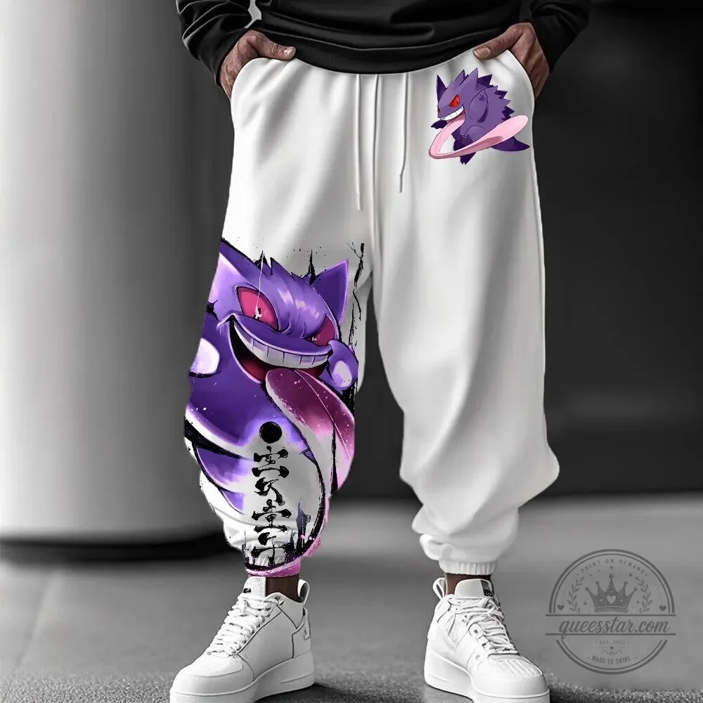 Casual Jogger Pants in White Featuring Gengar, the Ghost Type Pokemon Character