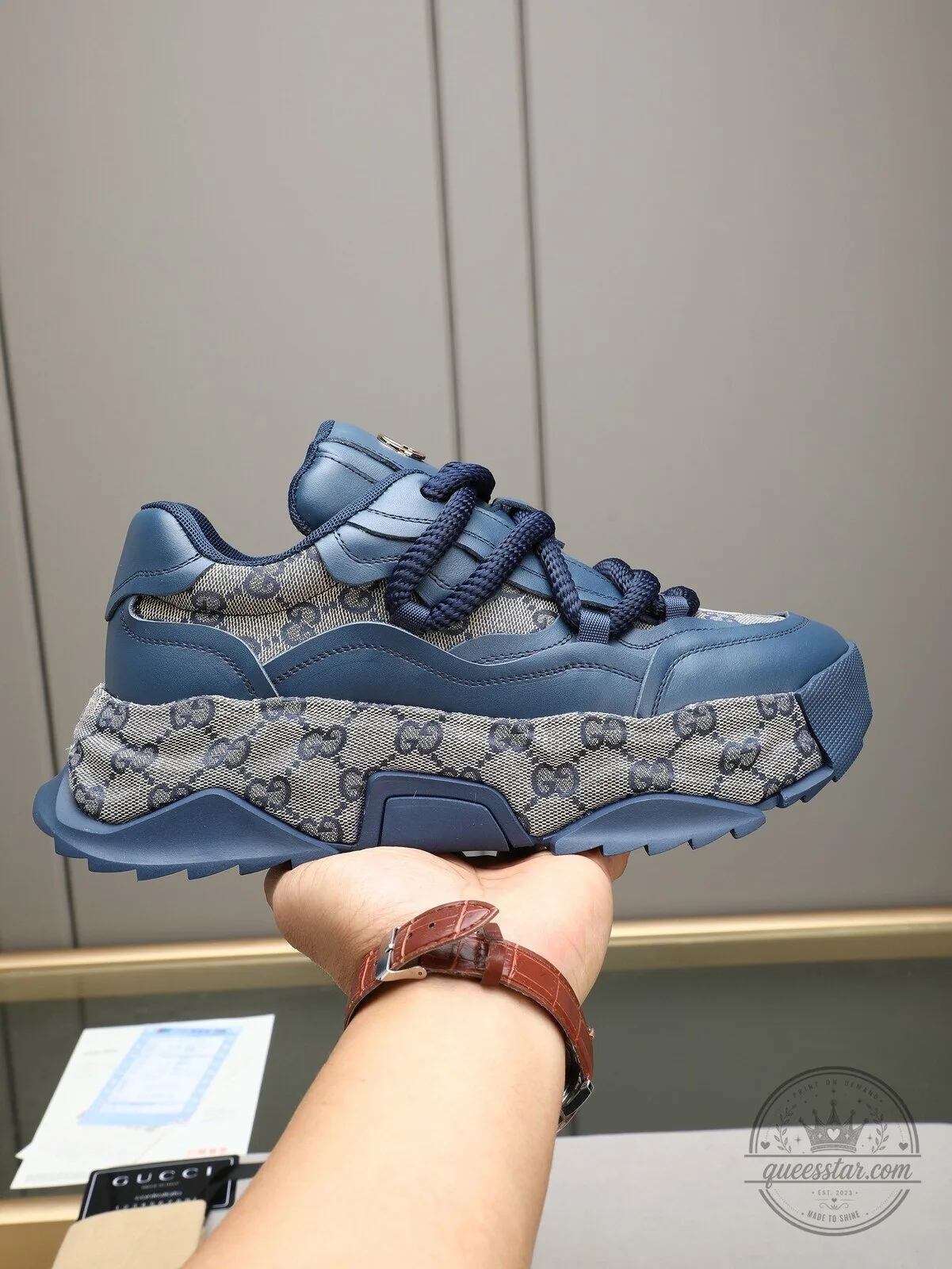 Gucci Blue Monogram Pattern Luxury Brand Chunky Sole Sneakers 4 Gucci Blue Monogram Pattern Luxury Brand Chunky Sole Sneakers