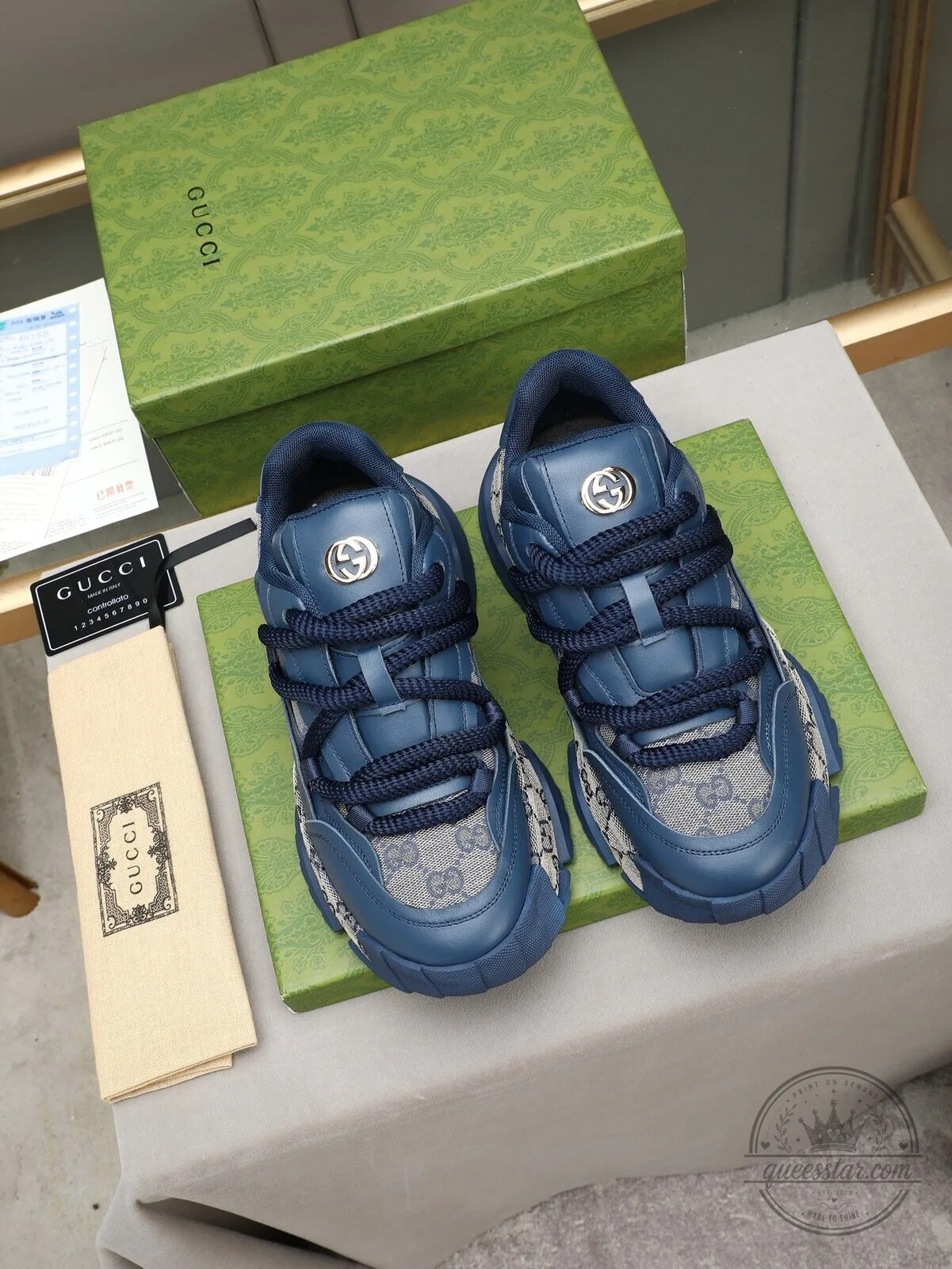 Gucci Blue Monogram Pattern Luxury Brand Chunky Sole Sneakers 5 Gucci Blue Monogram Pattern Luxury Brand Chunky Sole Sneakers