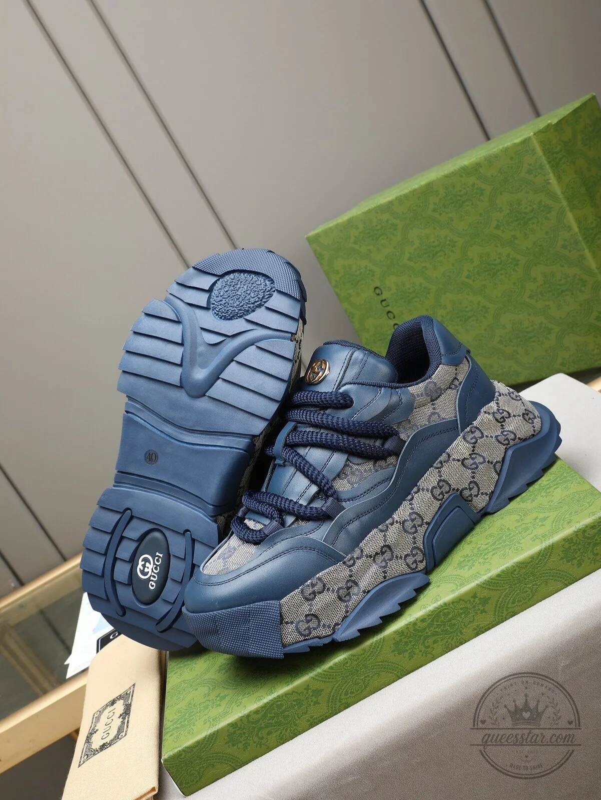 Gucci Blue Monogram Pattern Luxury Brand Chunky Sole Sneakers 6 Gucci Blue Monogram Pattern Luxury Brand Chunky Sole Sneakers
