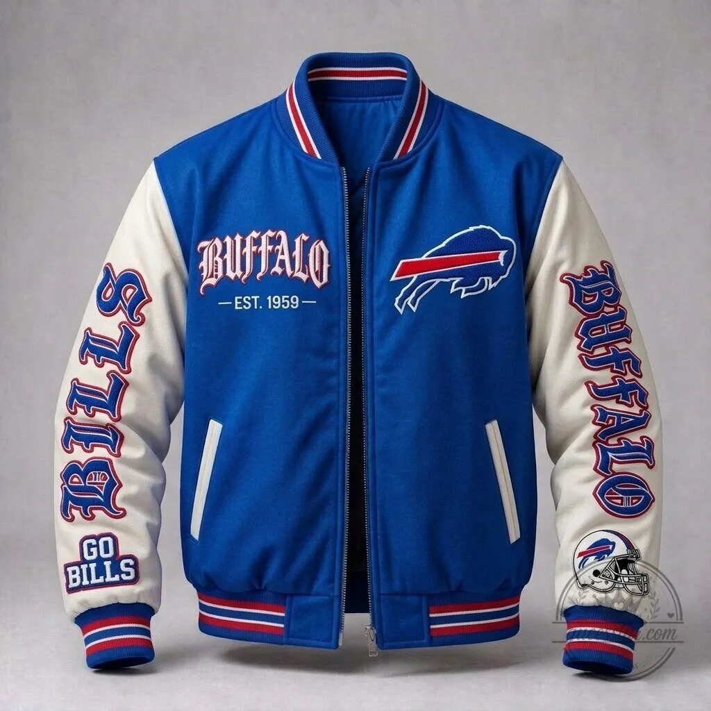 Buffalo Bills Blue and White Colorblock Varsity Bomber Jacket