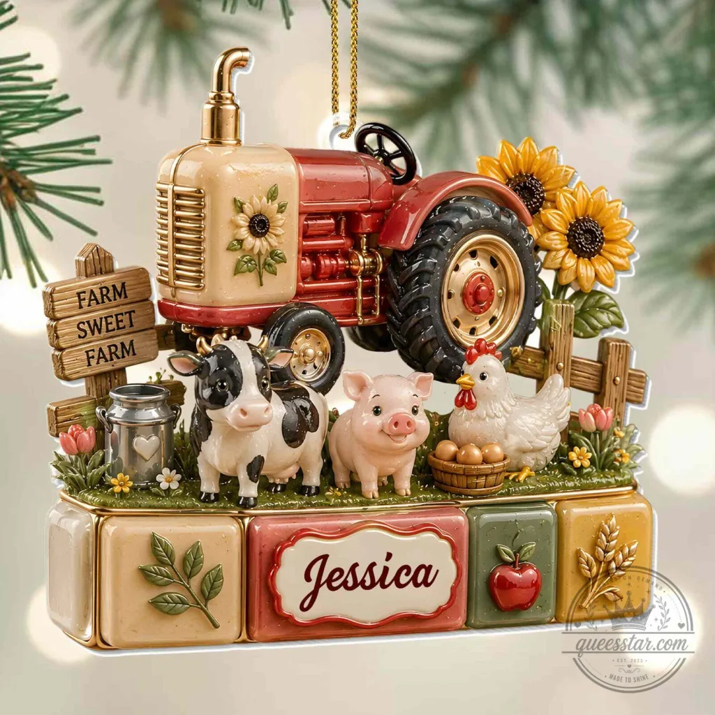 Personalized Farm Sweet Farm Tractor Christmas Ornament with Cow Pig Chicken Personalized Farm Sweet Farm Tractor Christmas Ornament with Cow Pig Chicken