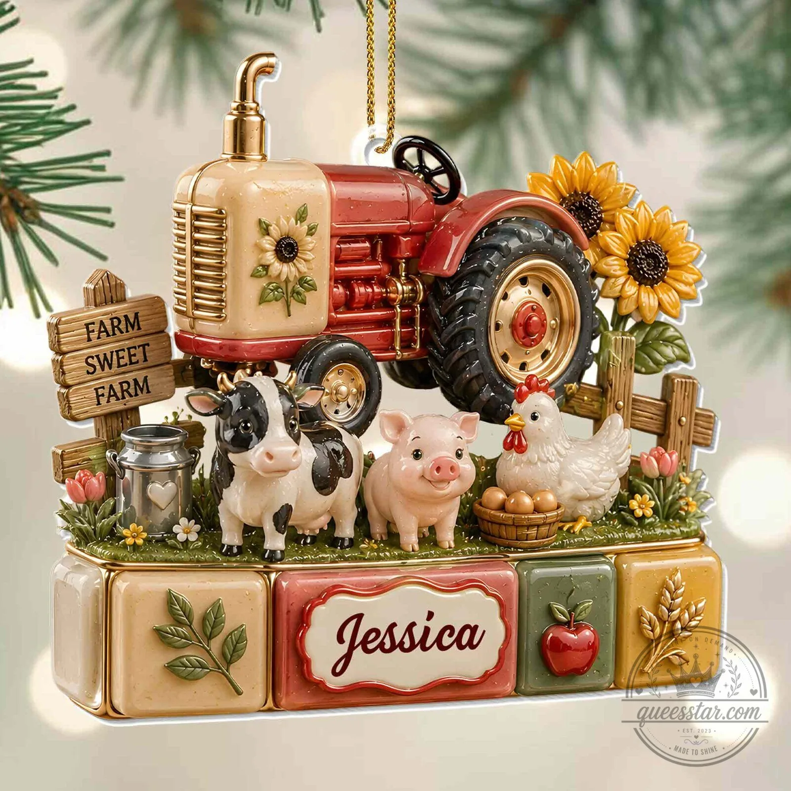 Personalized Farm Sweet Farm Tractor Christmas Ornament with Cow Pig Chicken