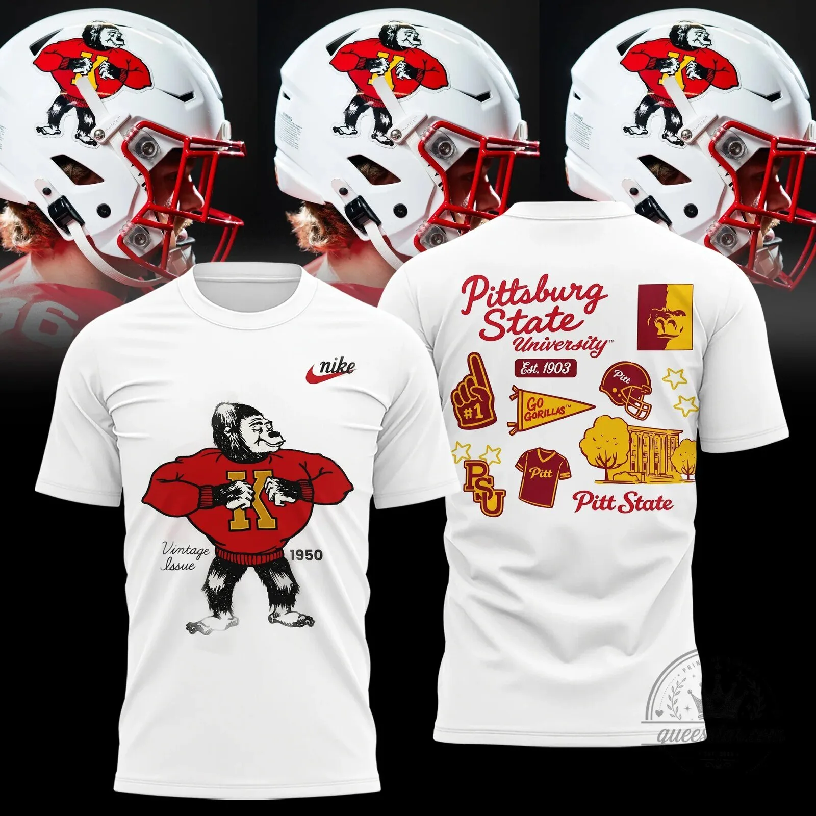 Pittsburg State Gorillas Football Vintage Issue 1950 White T-Shirt