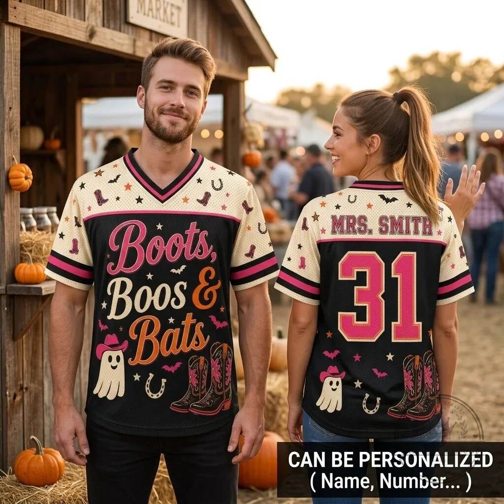 Boots Boos and Bats Halloween Ghost Cowgirl Western Football Jersey