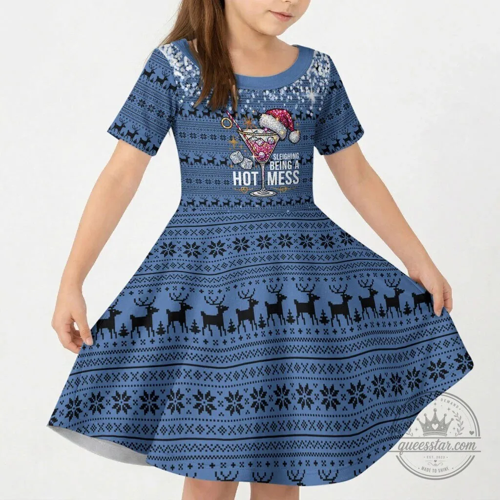 Sleighing Being A Hot Mess Christmas Cocktail Martini Glass Kids Dress