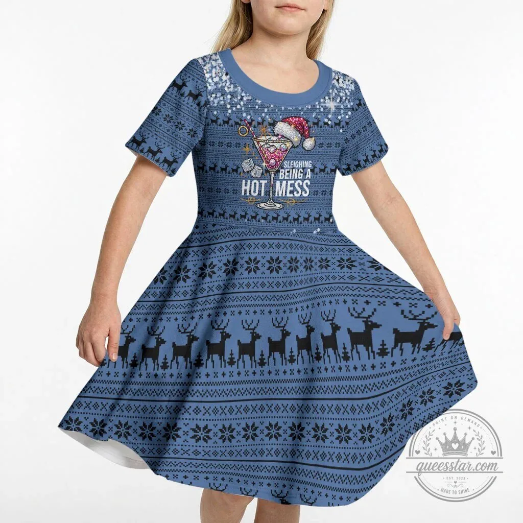 Sleighing Being A Hot Mess Christmas Cocktail Martini Glass Kids Dress 7 Sleighing Being A Hot Mess Christmas Cocktail Martini Glass Kids Dress