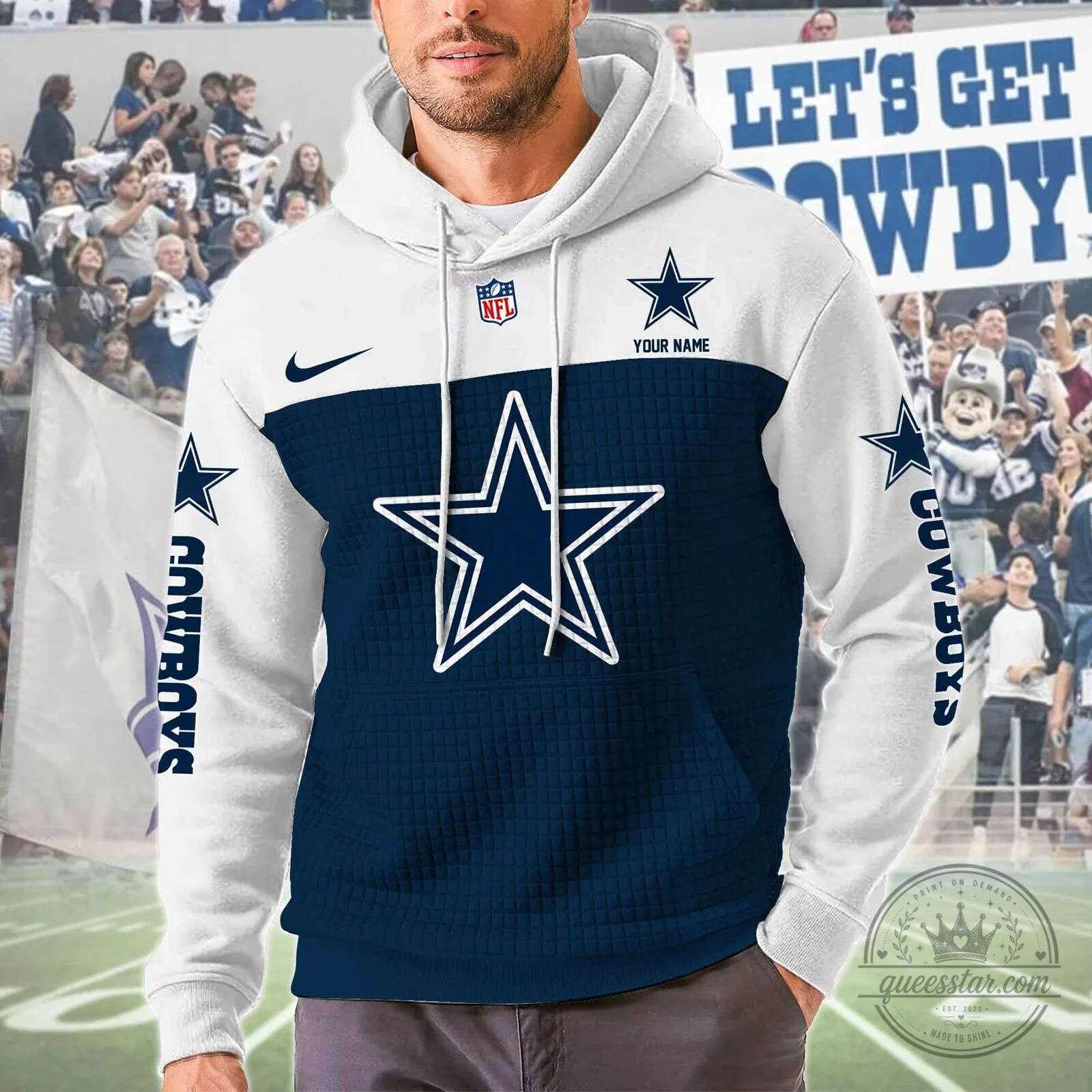 Dallas Cowboys NFL Team Logo Personalized White and Navy Blue Hoodie