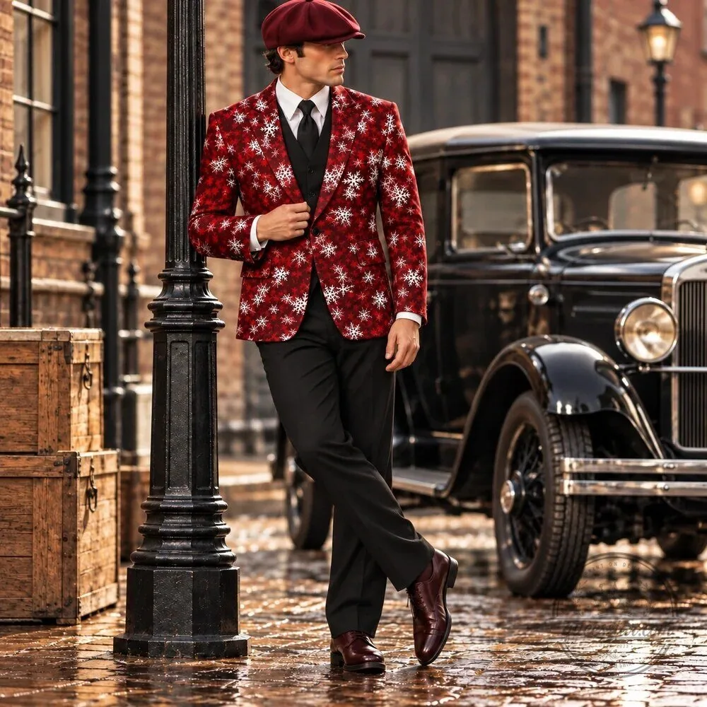 Men's Red Snowflake Christmas Holiday Party Blazer Jacket